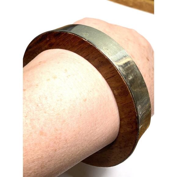 Bracelet Bangle Vintage Modernist Wood Silver Tone Metal 8” Estate - Picture 8 of 10